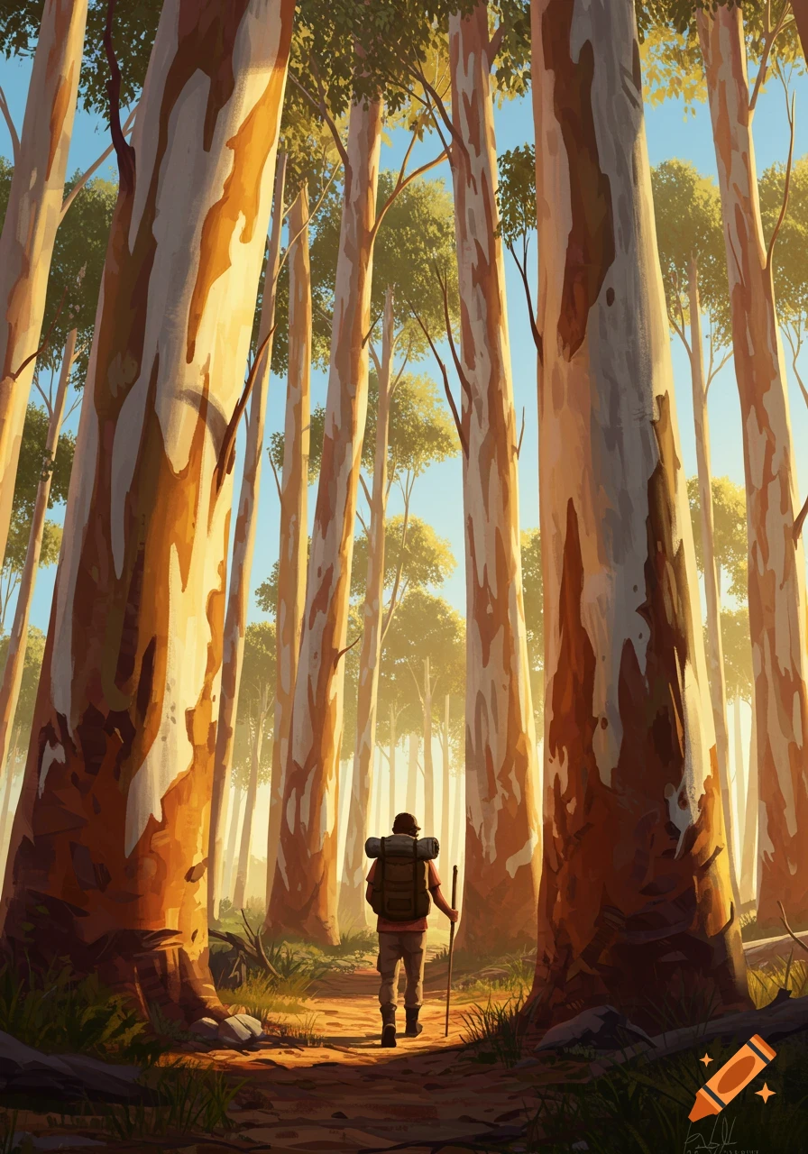 A hiker walks down a path through a tall, sunlit forest of eucalyptus trees, depicted in a painterly style.