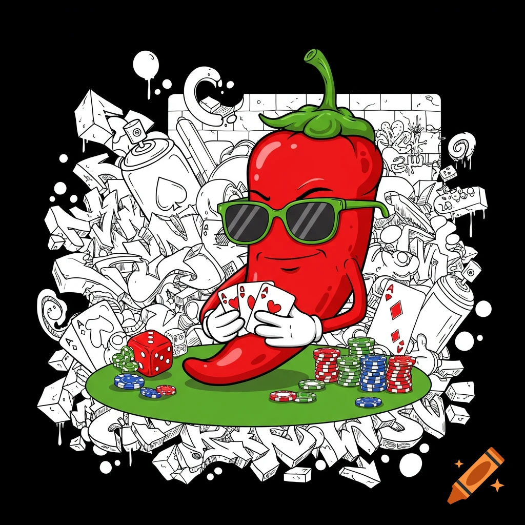 A cartoon red chili pepper wearing sunglasses plays poker, holding Ace and Queen of Hearts, surrounded by monochrome graffiti art.