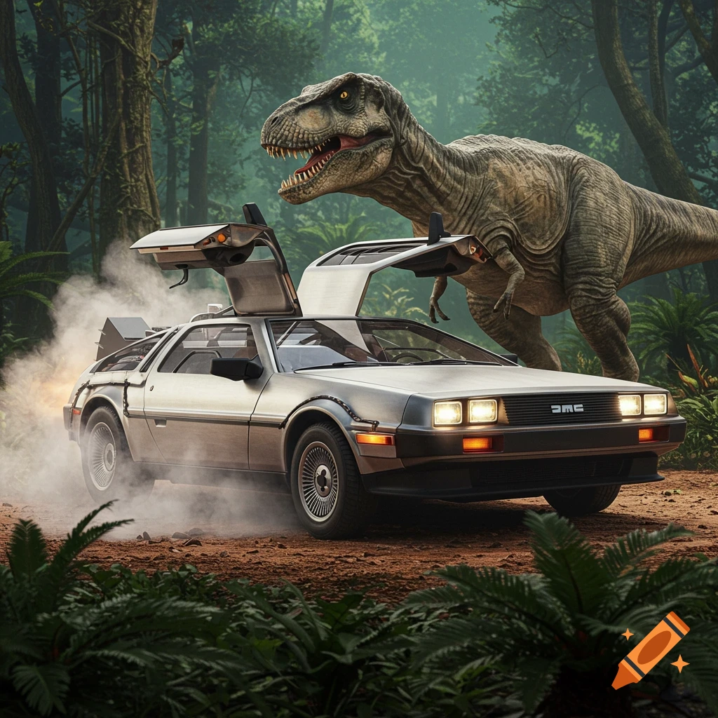 A photorealistic image of a DeLorean car stirring up dust in a dense jungle with a large Tyrannosaurus Rex roaring beside it.