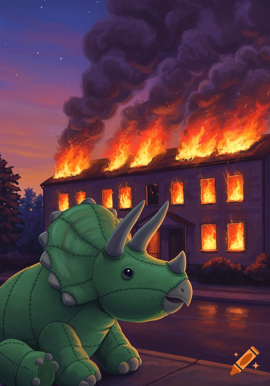 An illustrated green triceratops plushie sits on a sidewalk, looking at a multi-story building on fire against a twilight sky.