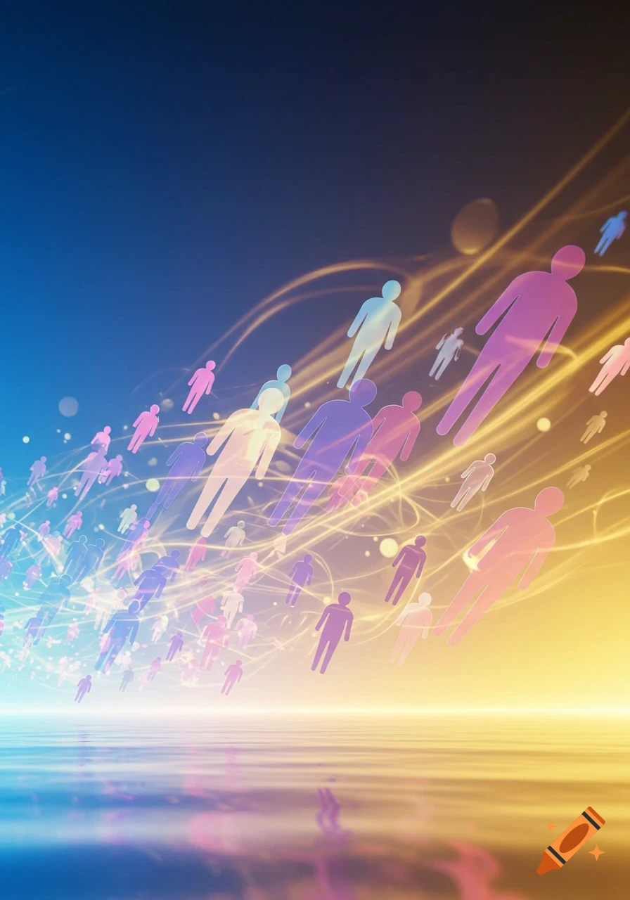 Abstract art with numerous translucent, colorful human silhouettes floating upwards amidst glowing golden light streaks against a blue and yellow gradient background with a reflective surface.