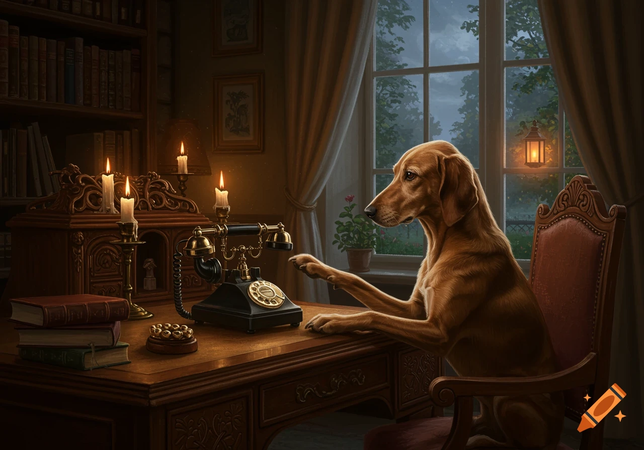 A golden retriever dog sits at a desk with an antique telephone and candles, looking out a window at night in a detailed, photorealistic style.
