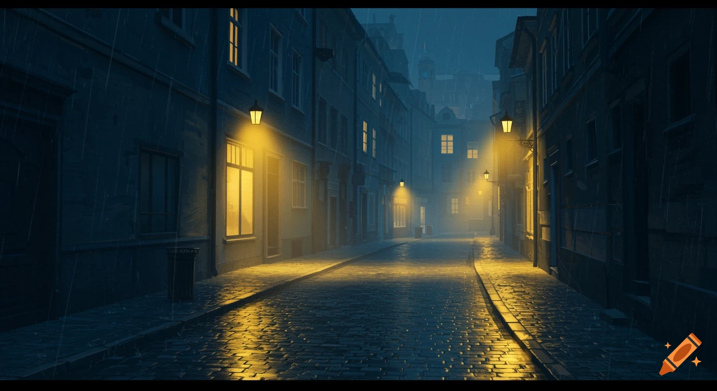 A quiet, wet cobblestone city street at night, lit by yellow streetlights, with rain softly falling.