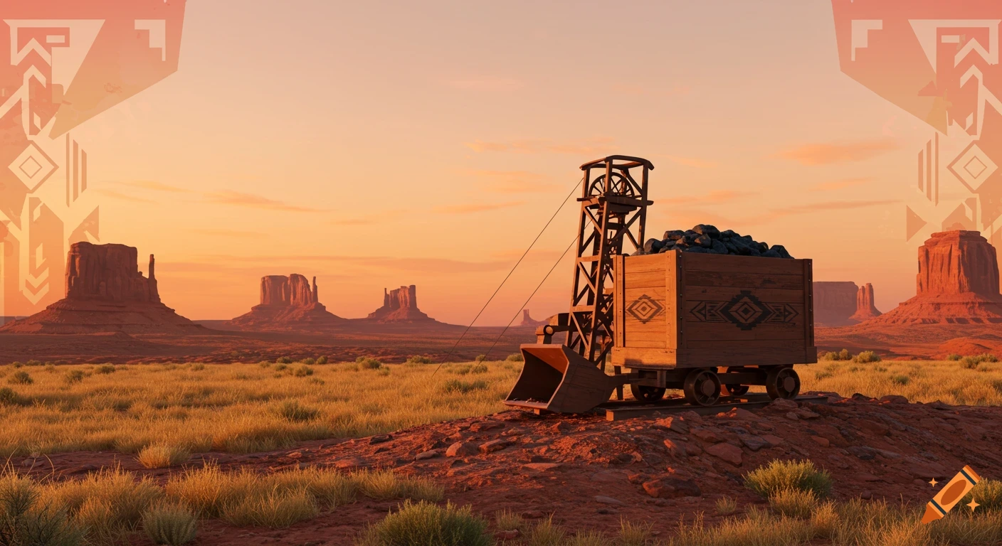 A photorealistic desert landscape at sunset with a wooden mining cart and hoist on a rocky rise, featuring Navajo-inspired patterns in the sky.