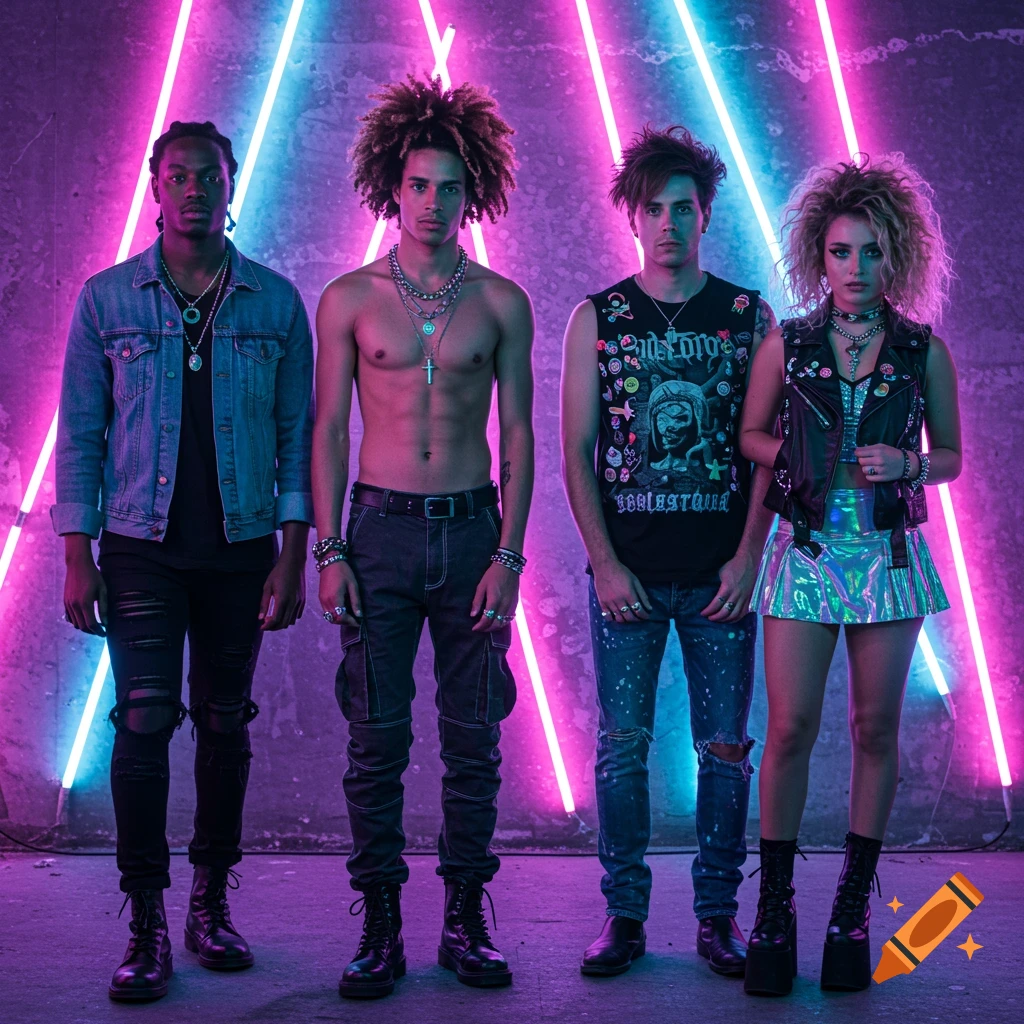 Four band members, three men and one woman, in vaporwave-grunge attire, stand under vivid purple, pink, and blue neon lights.