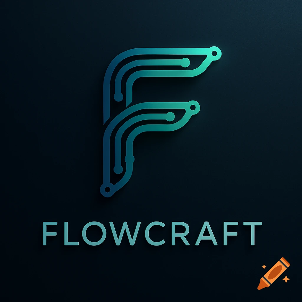 A minimalist logo featuring a stylized blue and green F made of circuit-like lines, with the word FLOWCRAFT below it on a dark background.
