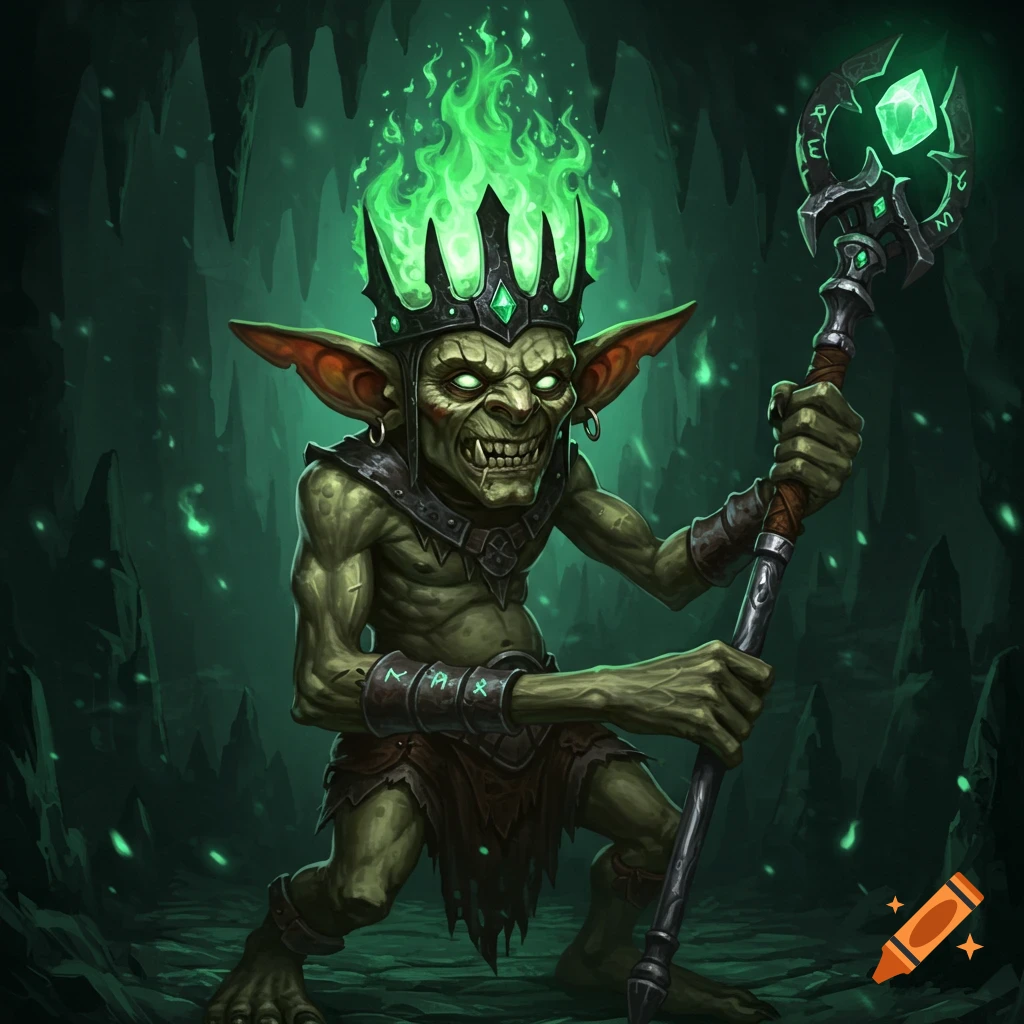 A green-skinned goblin king with a spiky crown wreathed in green flames holds a glowing staff in a dark cave.