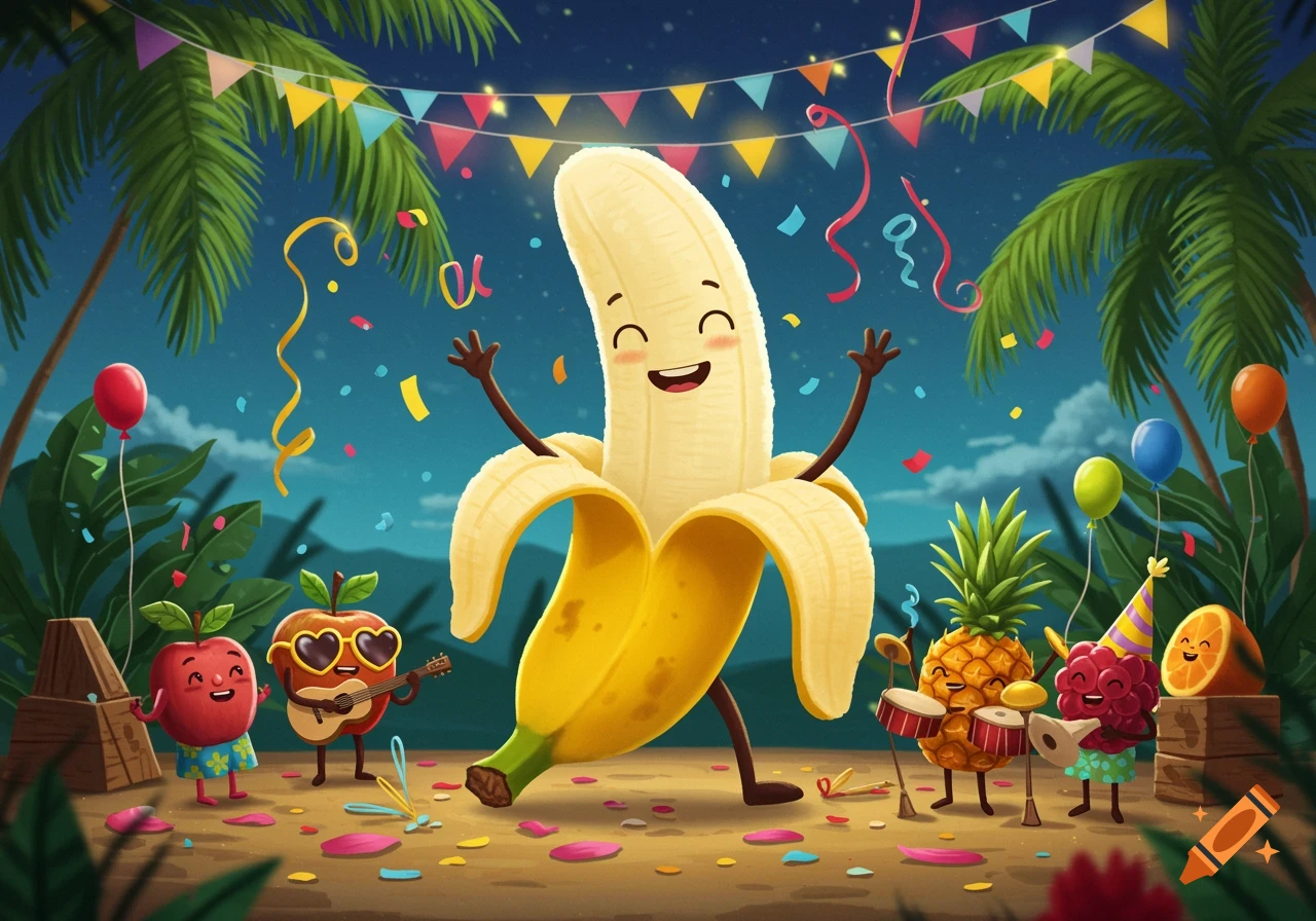 A cute cartoon illustration of anthropomorphic fruits having a tropical party with confetti, balloons, and music.