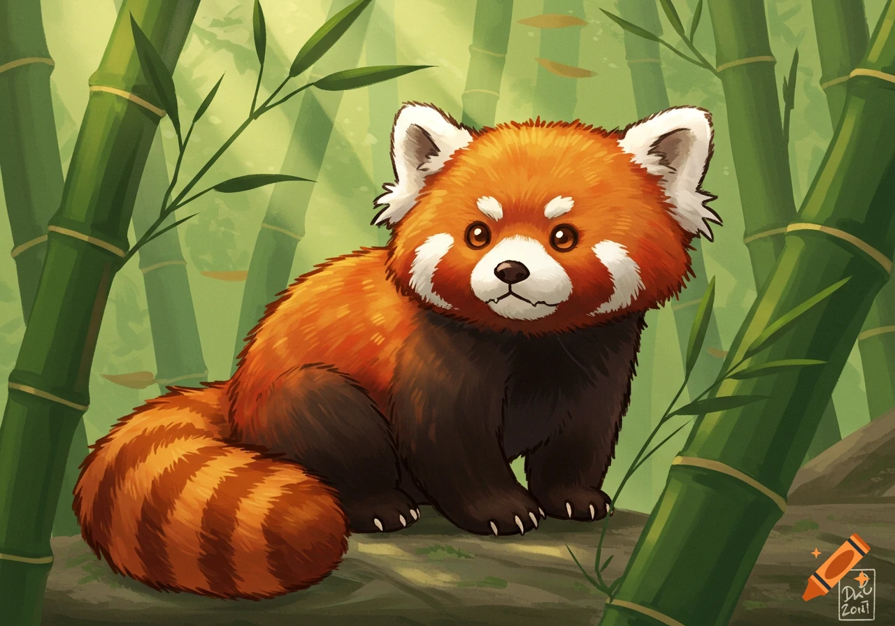 A cute, fluffy red panda sits in a vibrant green bamboo forest in a digital illustration style.