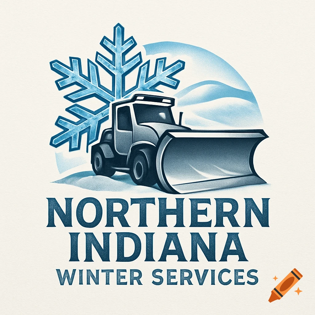 A logo for Northern Indiana Winter Services featuring a snowplow in front of a blue snowflake and snow-covered hills.