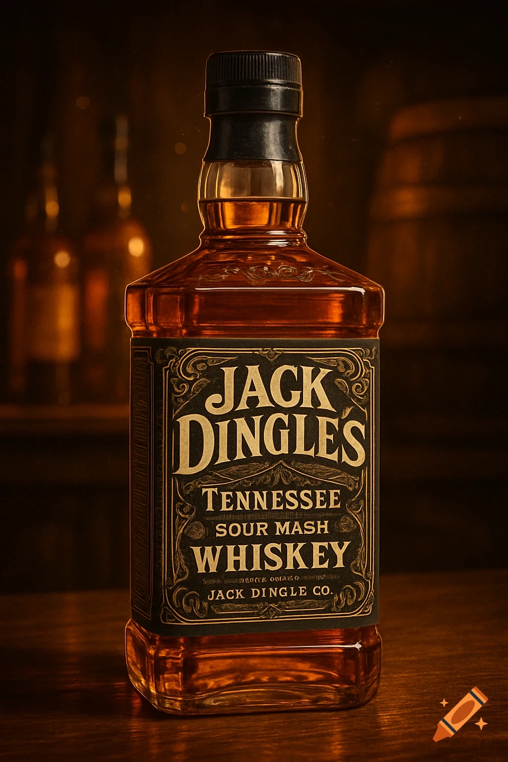 Photorealistic bottle of Jack Dingles Tennessee Sour Mash Whiskey on a wooden table.