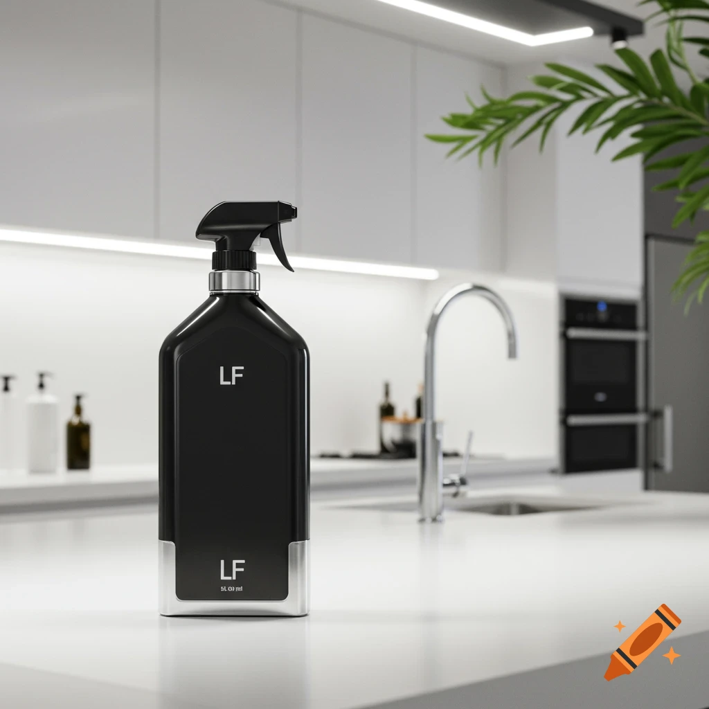 A modern black and silver cleaning spray bottle sits on a white kitchen counter, with a sink and cabinets in the background.