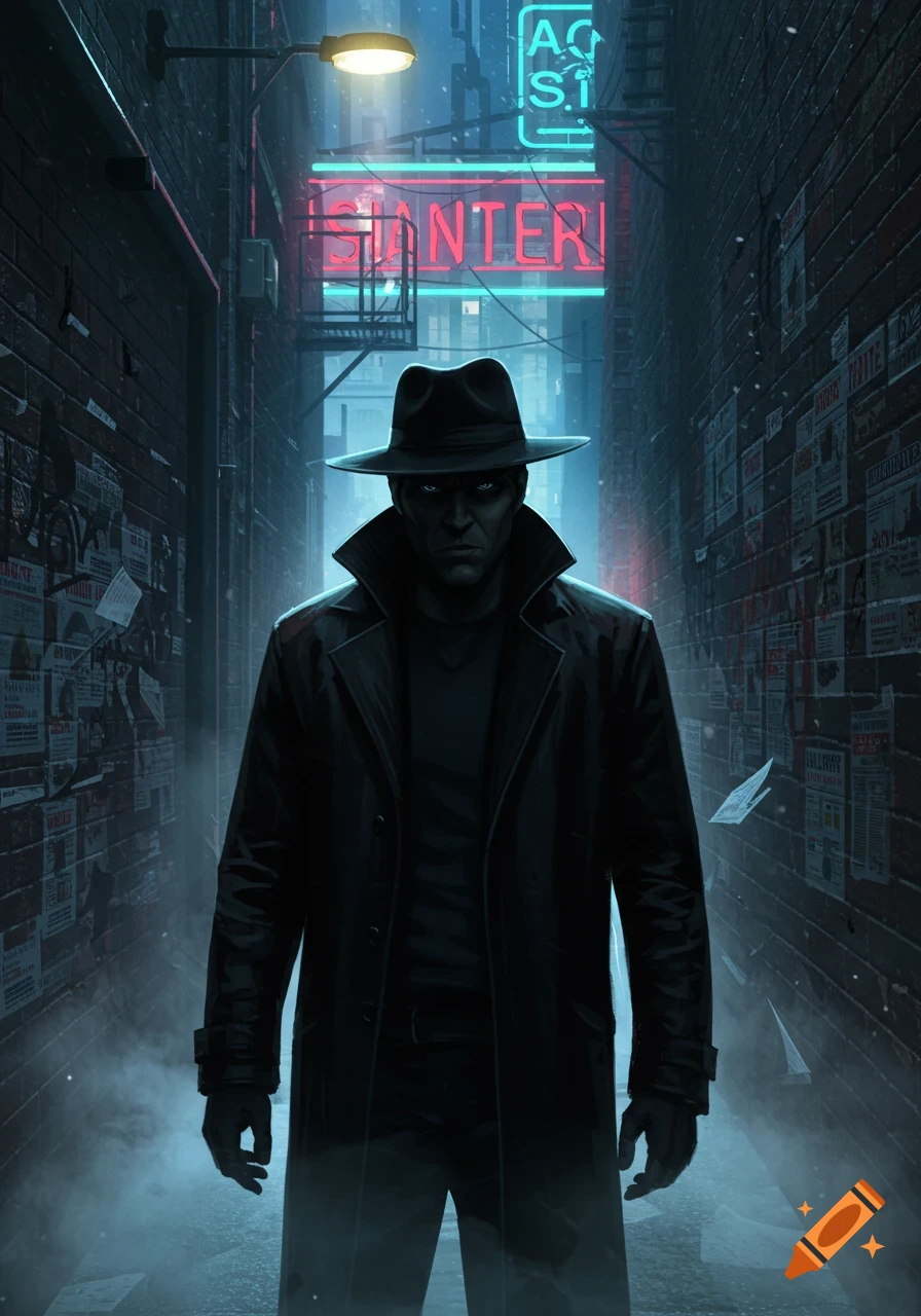 A man in a trench coat and fedora stands in a dark, misty alley lit by neon signs and a streetlamp, in a noir art style.