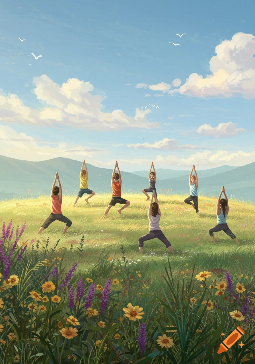Digital painting of diverse people doing yoga in a sunny green field with mountains and a cloudy blue sky.