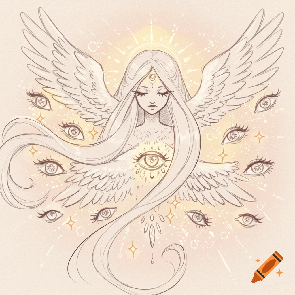 Sketch of a serene, winged angel with long hair and multiple eyes, surrounded by stars and light.