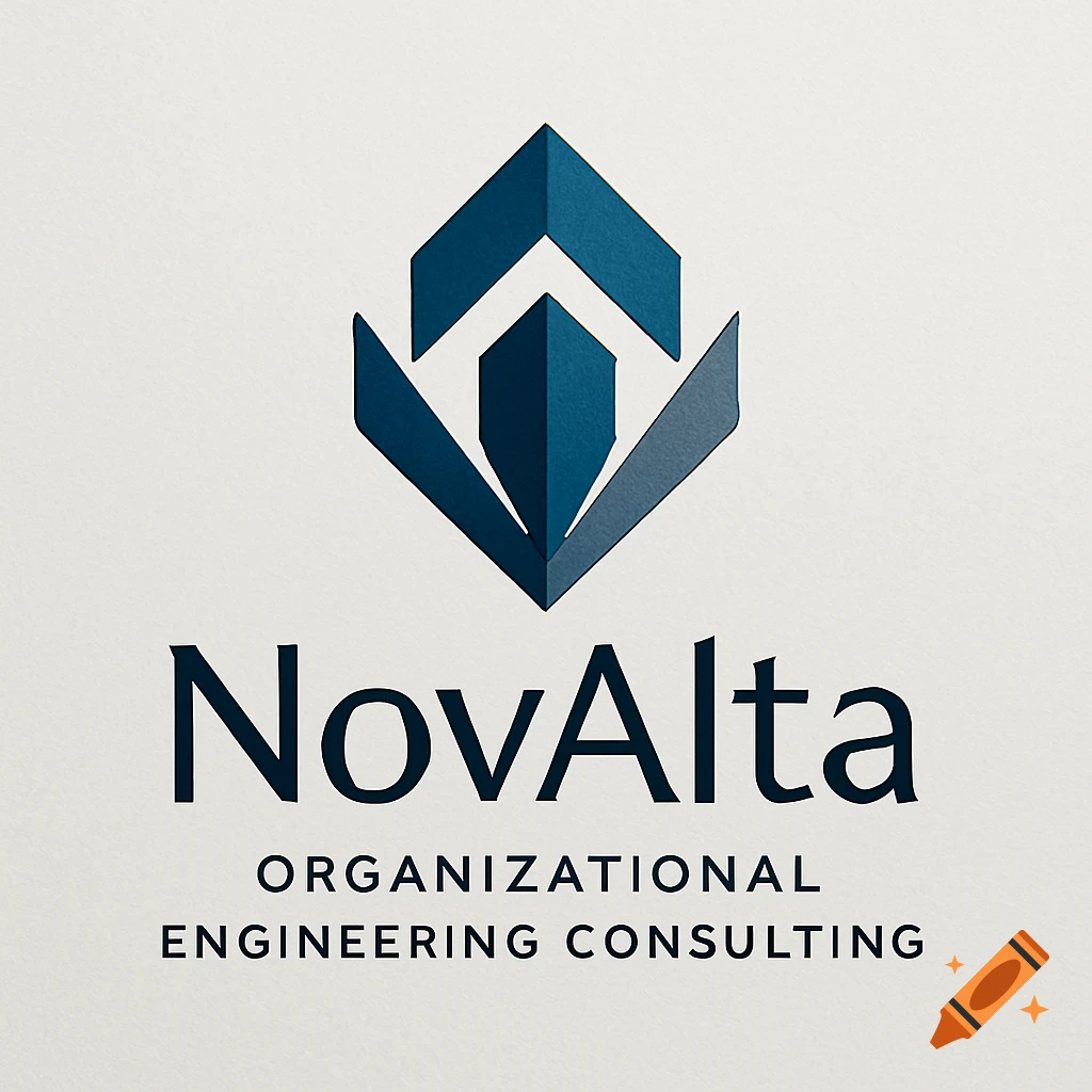 A blue and gray geometric logo for NovAlta Organizational Engineering Consulting on a textured light background.