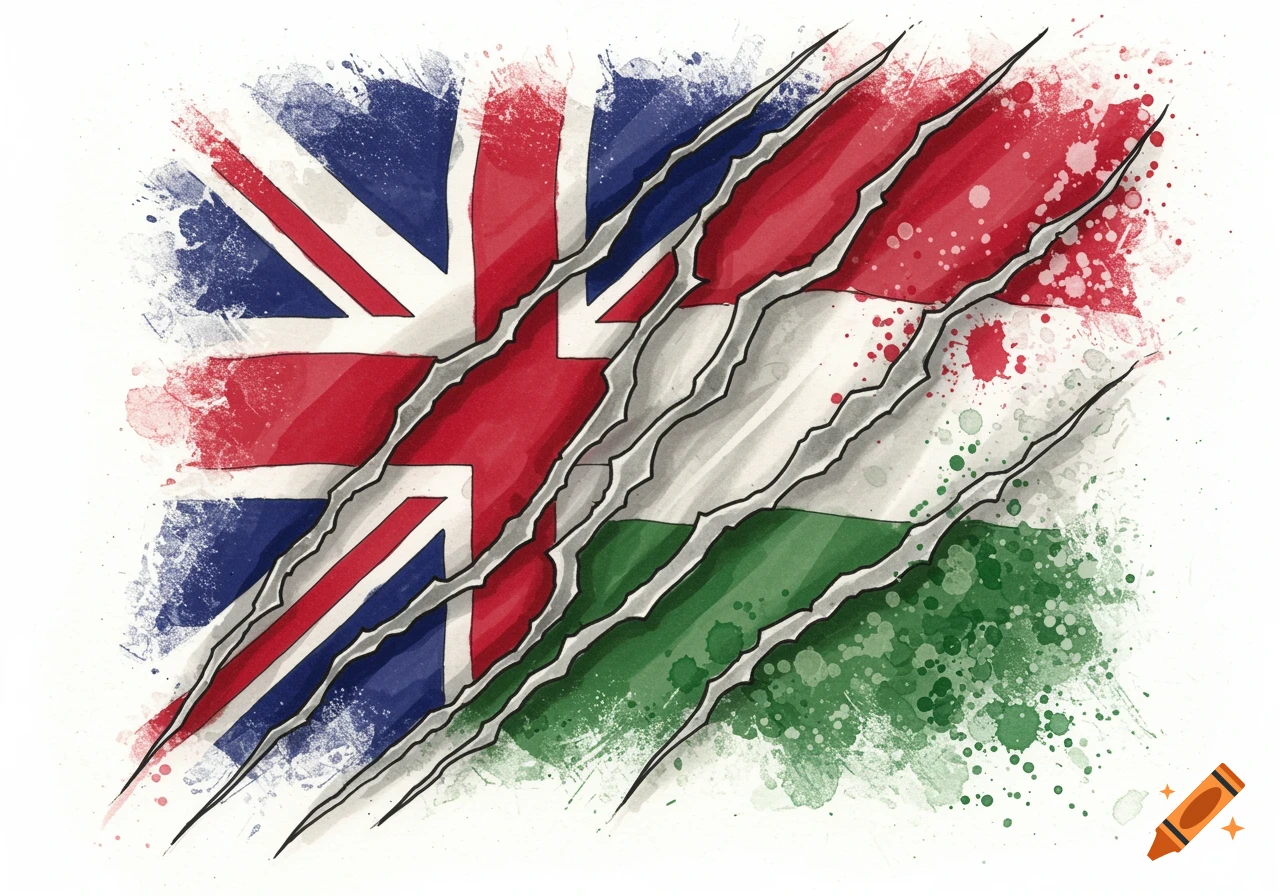 Watercolor illustration of the British Union Jack and Hungarian flags tearing and merging, with ink splatters and textured outlines.