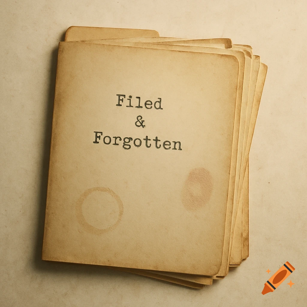 Stack of vintage brown papers or folders titled 'Filed & Forgotten' with coffee stains.
