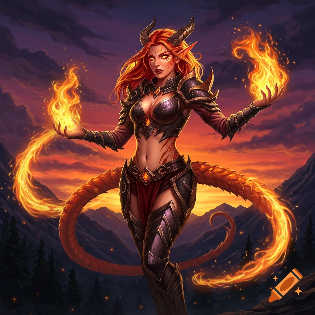 A horned, red-haired female fire elf sorcerer in armor, casting flames against a dramatic sunset mountain background. Digital painting.