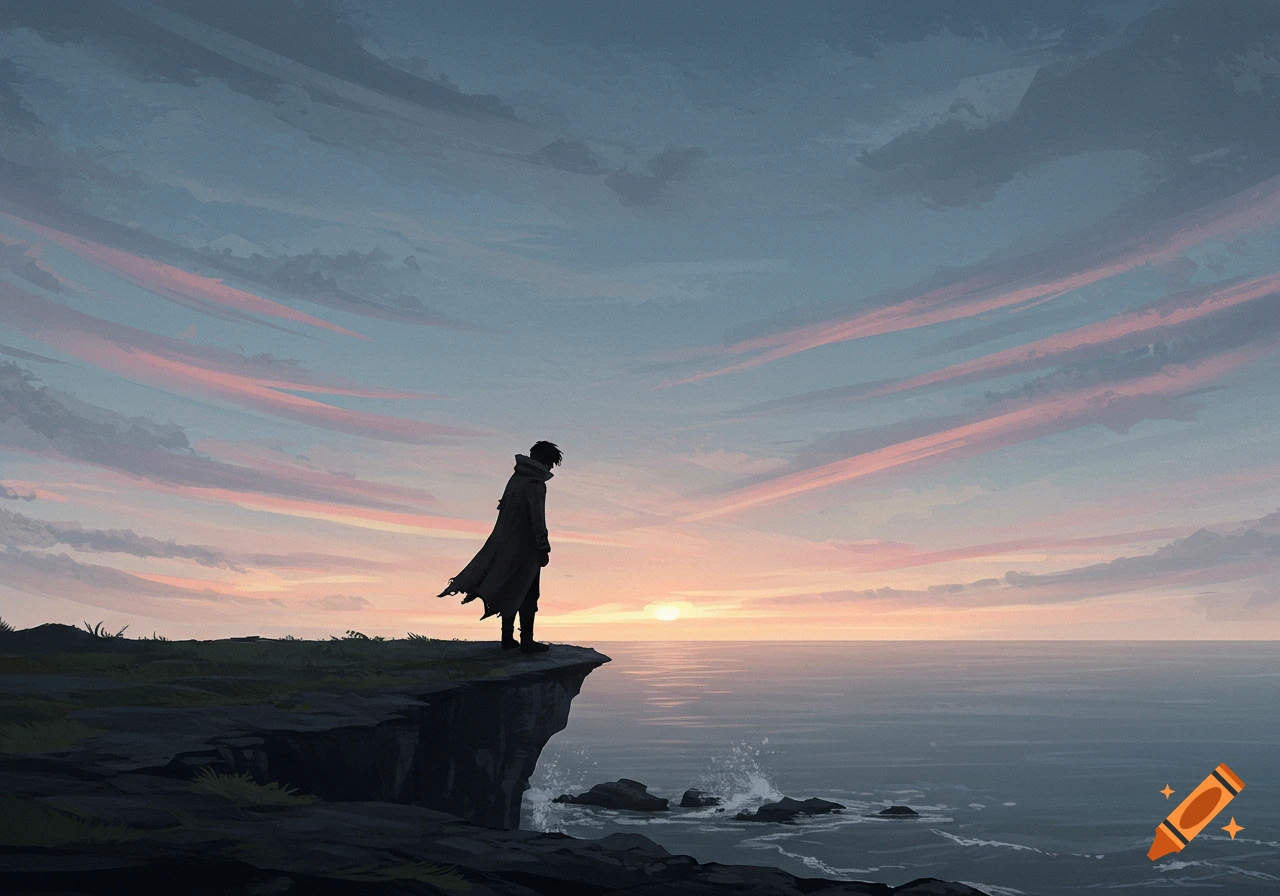 A solitary figure in a long coat stands on a cliff overlooking a vast ocean at sunset, with a sky full of pink and blue clouds.