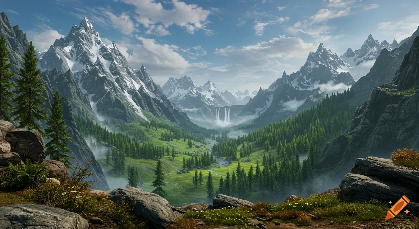 Majestic snowy mountains overlook a lush green valley with pine forests, a winding river, and a distant waterfall under a cloudy sky, in a realistic video game style.