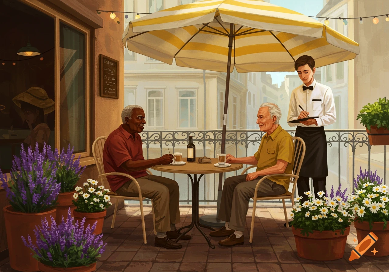 Two elderly men sit at an outdoor cafe table with a waiter taking their order, surrounded by potted lavender and daisies in a painterly style.