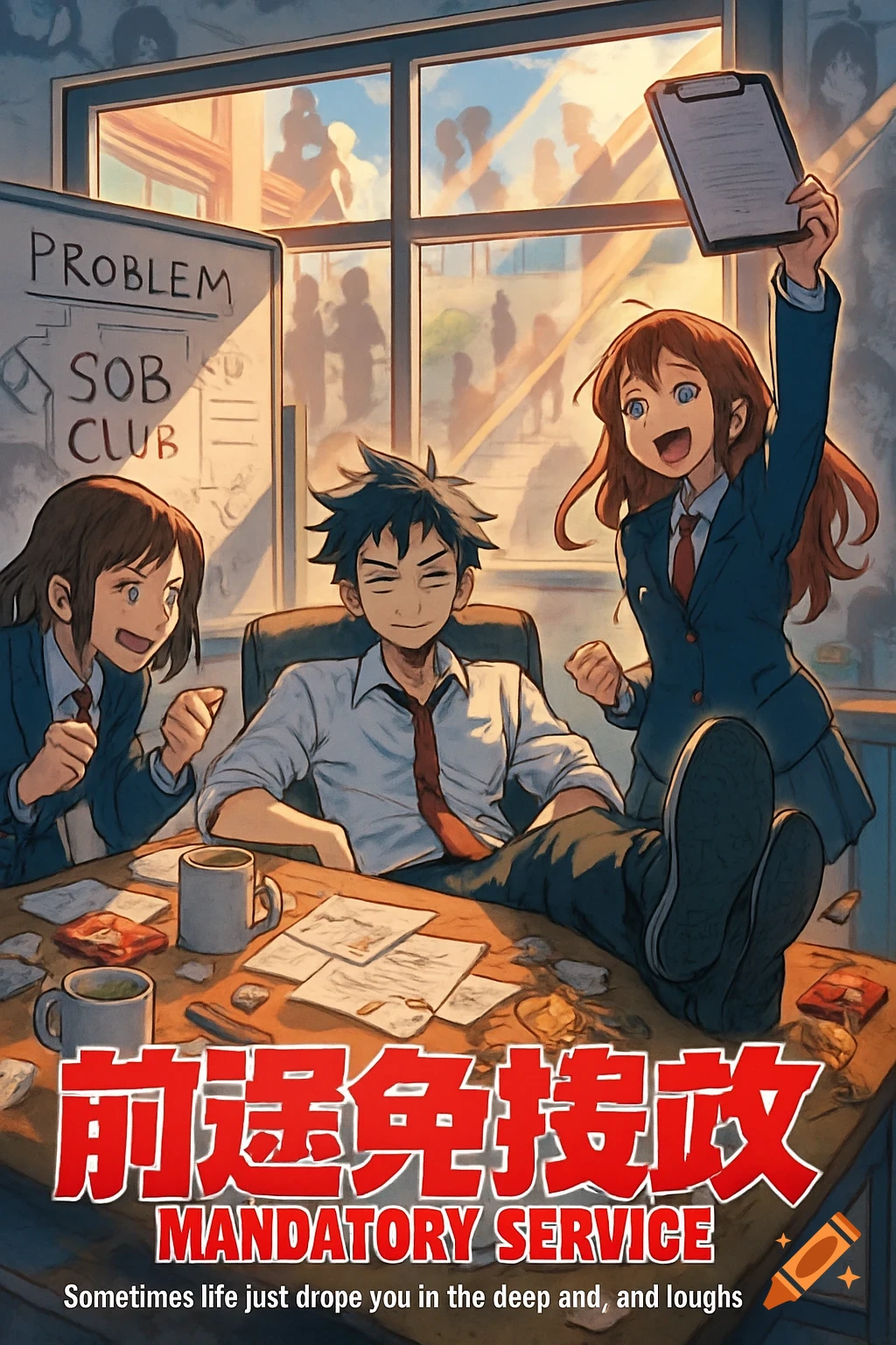 Anime-style illustration of three students in a messy clubroom. A boy with his feet on a table sits between two girls. One girl holds a clipboard, another laughs. A whiteboard reads "PROBLEM SOB CLUB". Text at the bottom reads "MANDATORY SERVICE" and "Sometimes life just drope you in the deep and, and loughs" with Chinese characters.