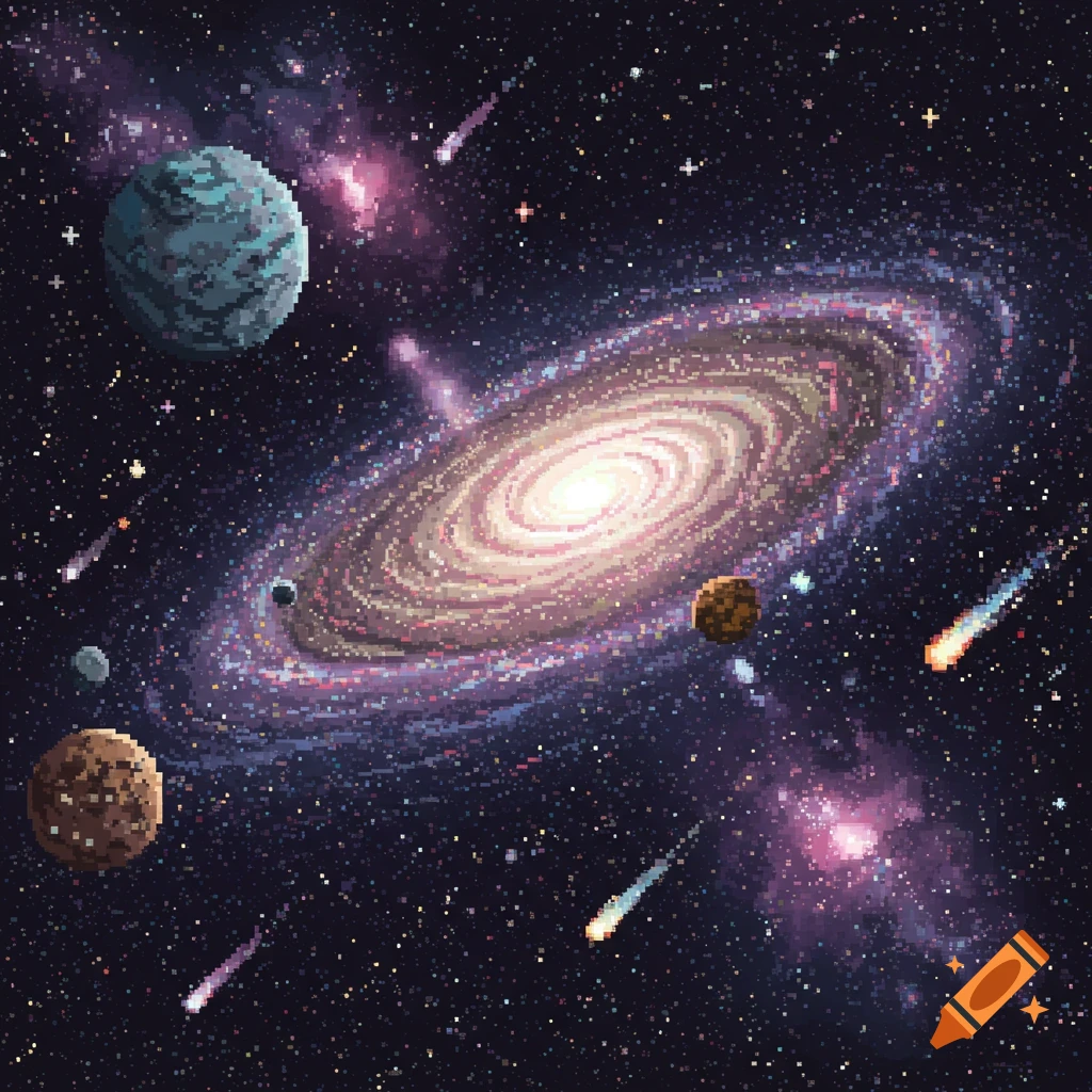 A vibrant pixel art illustration of a spiral galaxy with planets and shooting stars in deep space.