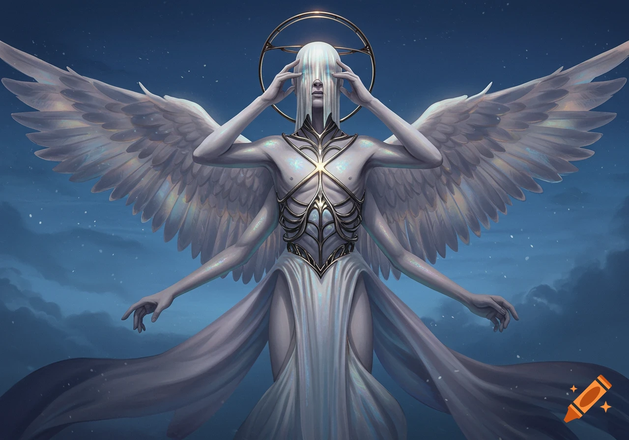 A four-armed angelic figure with pale skin and white wings covering its eyes, wearing an ornate chestpiece and flowing robes under a starry sky.