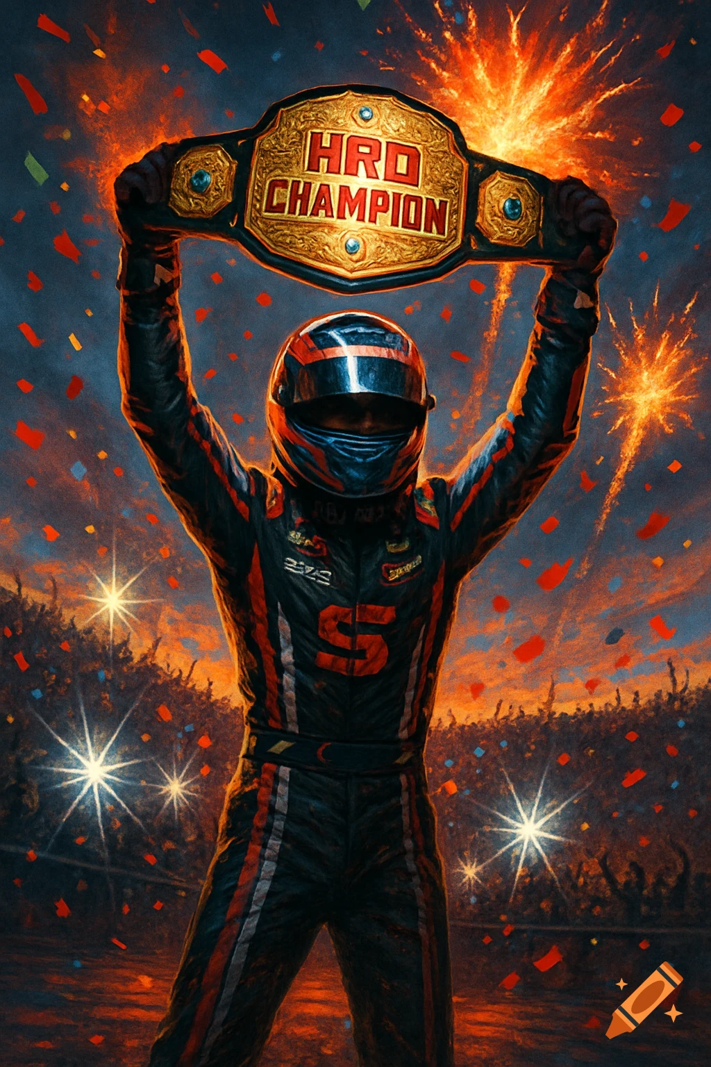 A race car driver raises a 'HRD Champion' belt in a stadium with fireworks and confetti.