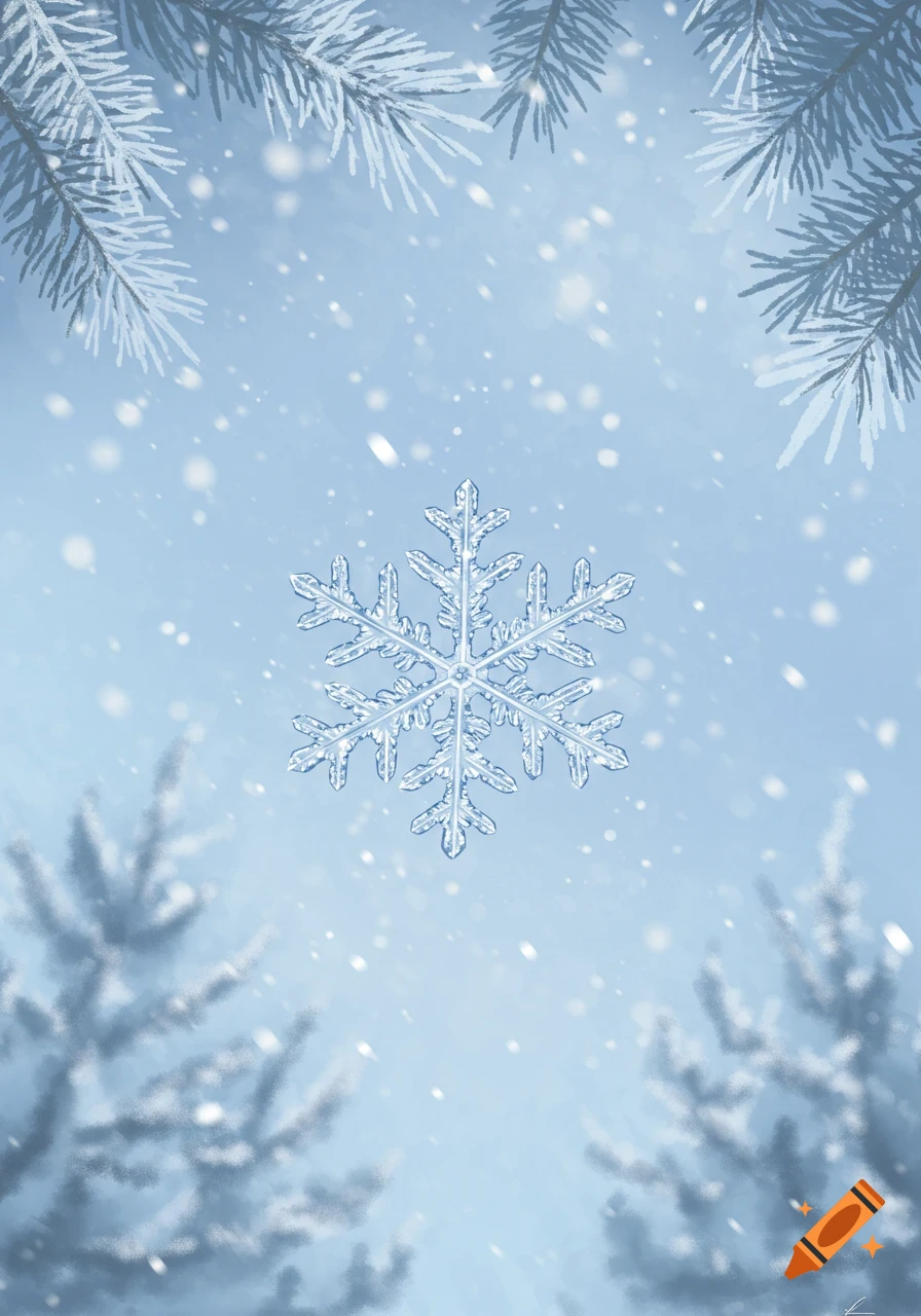 A detailed snowflake floats in a winter sky with falling snow and frosted pine branches.