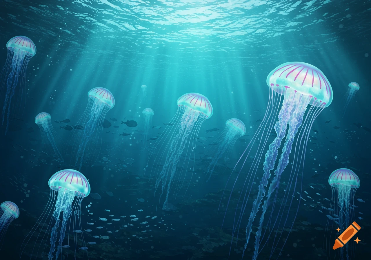 Numerous translucent jellyfish with pink and purple stripes swim in clear blue ocean water with sunlight streaming from above.