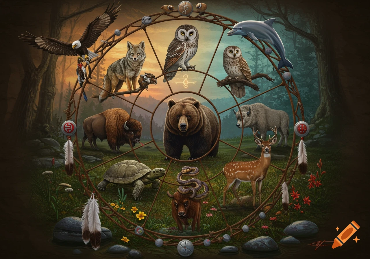 A circular medicine wheel adorned with feathers and beads, encircled by various totem animals like an eagle, bear, bison, deer, and owl, set in a forest at dusk.