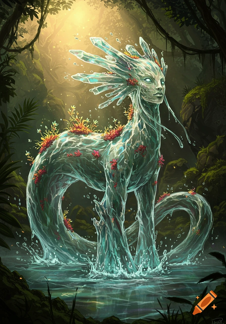 A mystical creature made of shimmering water and crystals, adorned with plants, stands in a clear pool in a lush, sunlit jungle.