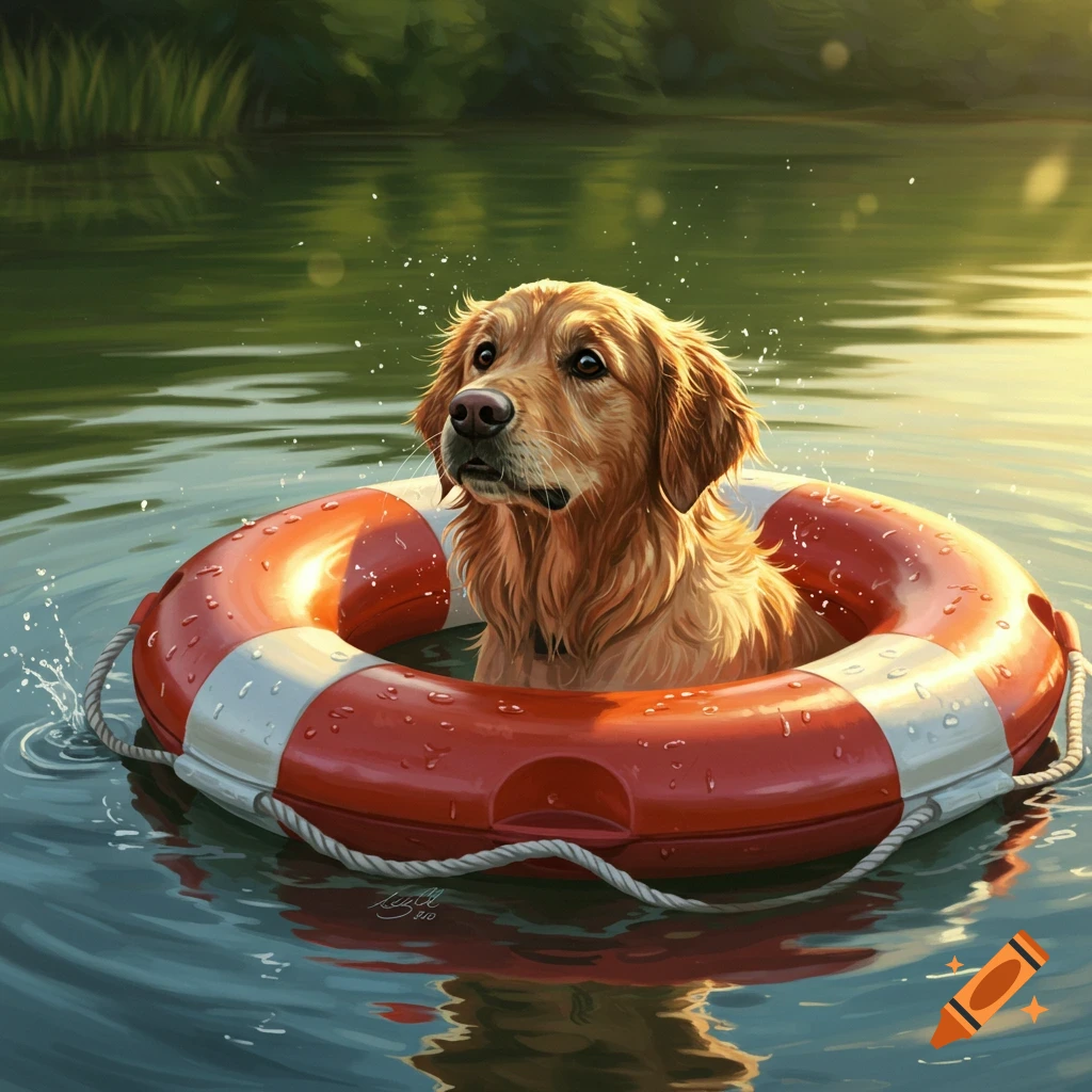 A golden retriever dog in a red and white lifebuoy floats in green water with sunlight reflecting on the surface, in a painterly style.