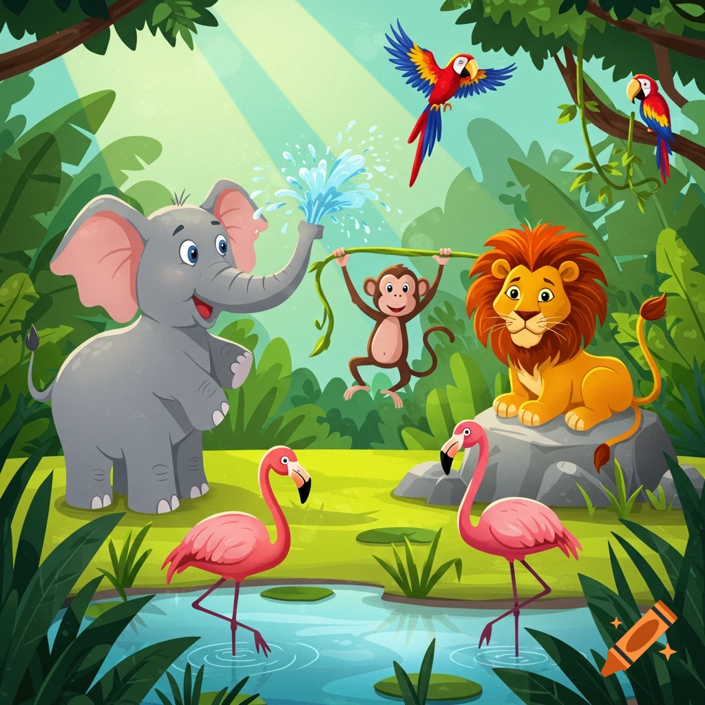 A colorful cartoon jungle scene with an elephant spraying water, a monkey swinging, a lion resting, and two flamingos in a pond.
