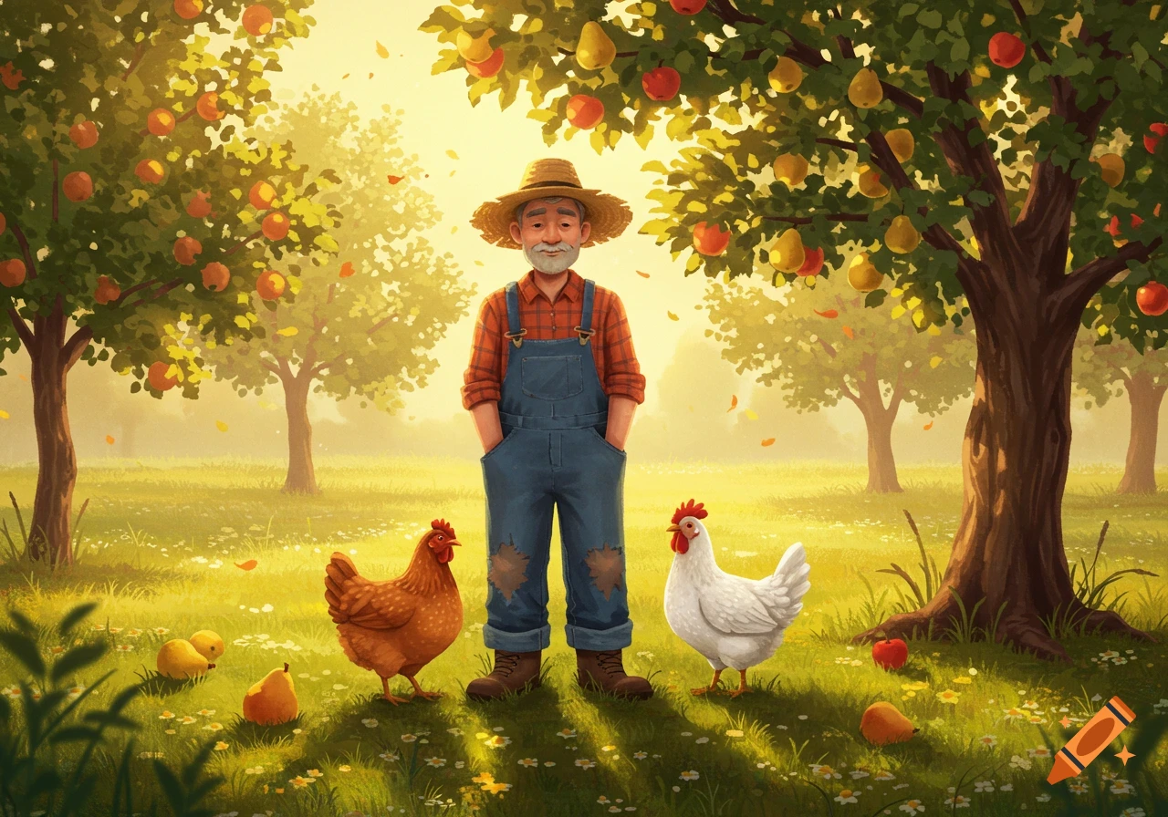 Illustrated farmer in a straw hat and overalls standing between two chickens in a sunny fruit orchard with apple and pear trees.