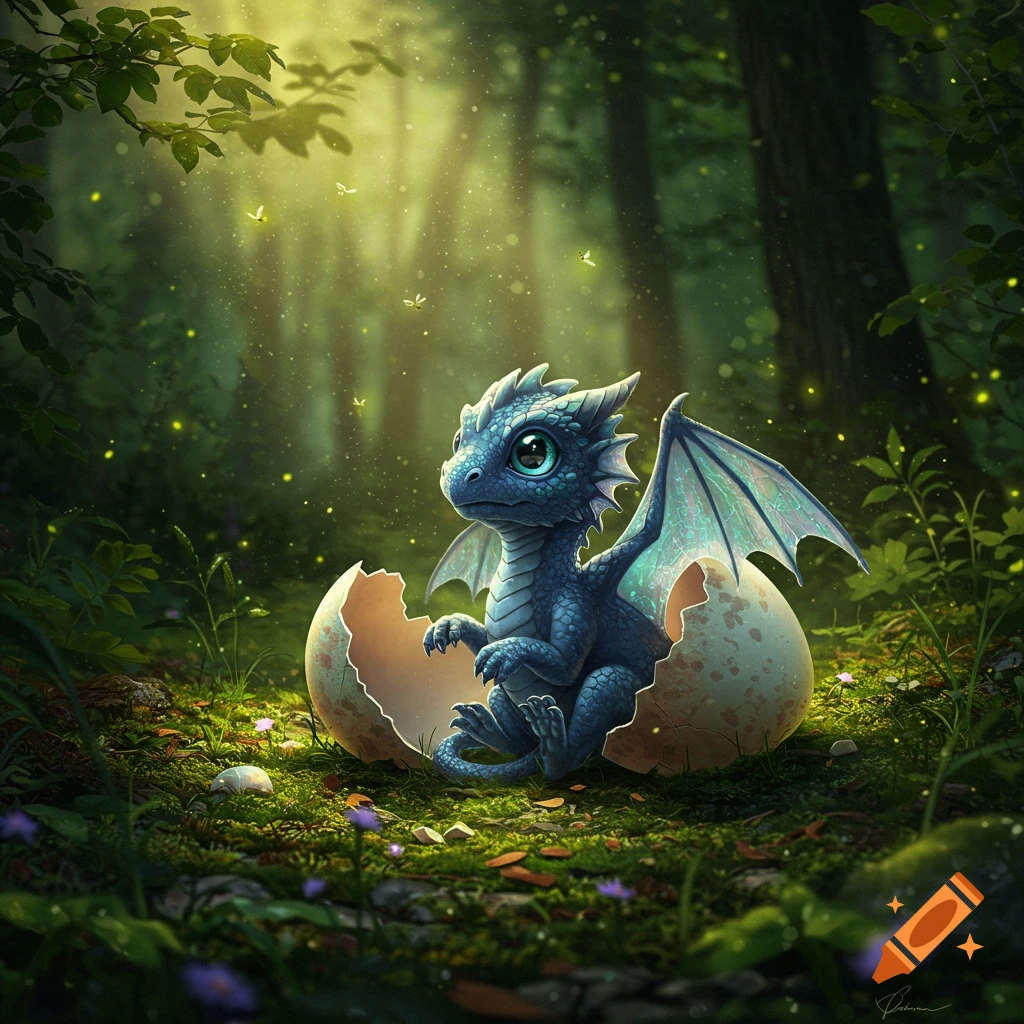 A cute baby blue dragon with big eyes and translucent wings emerges from a cracked egg on a mossy forest floor, bathed in dappled sunlight.