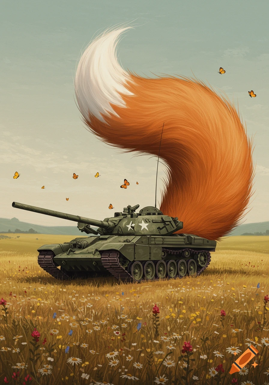 An army tank with a large, fluffy fox tail in a field of wildflowers with butterflies flying around.