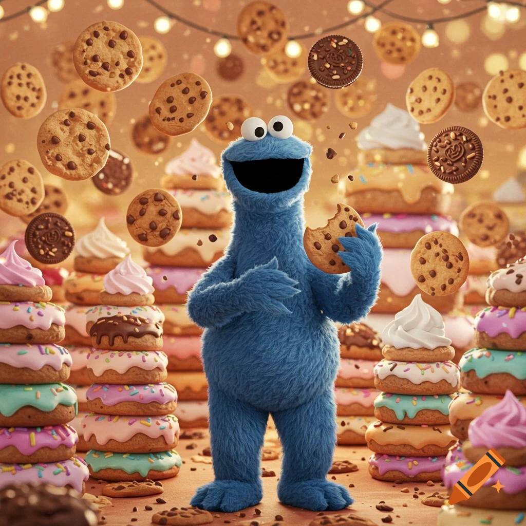 Photorealistic image of Cookie Monster standing among floating cookies and stacks of colorful donuts, holding a bitten chocolate chip cookie.