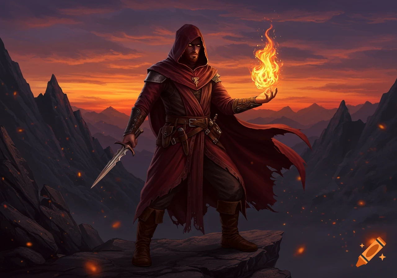 A hooded male pyromancer wizard stands on a mountain cliff at sunset, holding a dagger and a glowing flame.
