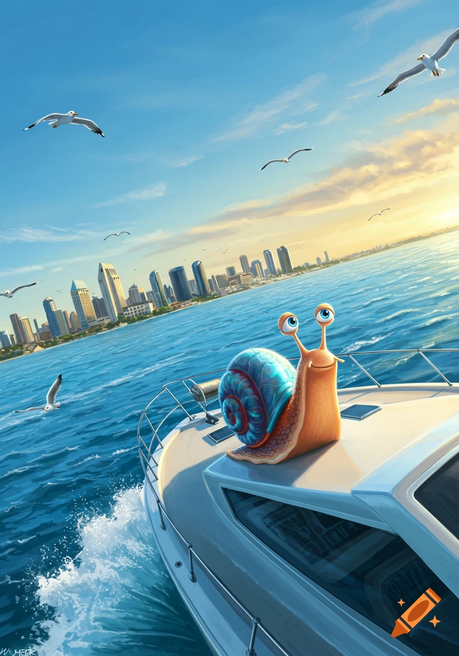 A cartoon snail with a blue shell on a boat speeding towards the San Diego skyline at sunset, with seagulls flying overhead.