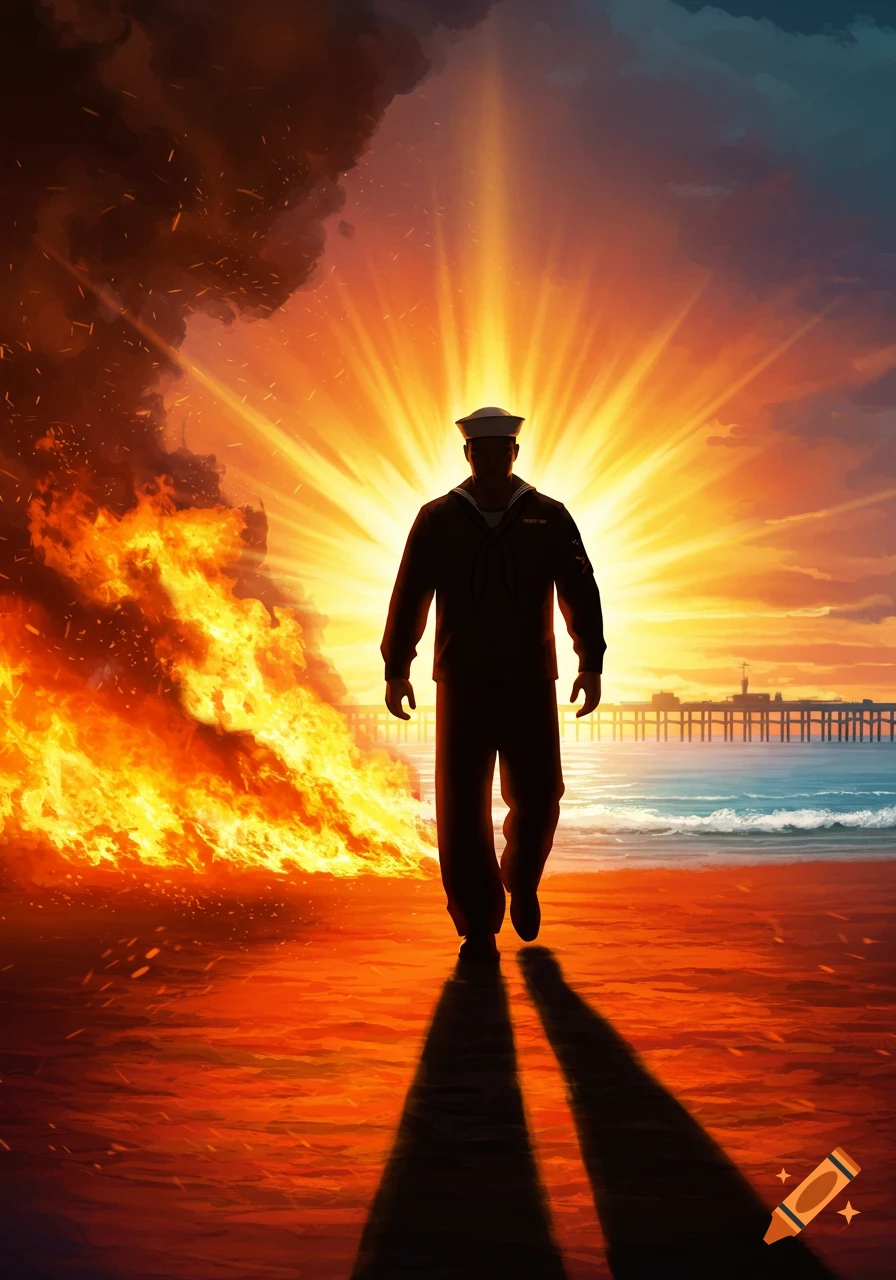 A silhouette of a Navy sailor walks through flames toward a bright sunrise on a beach with a pier in the distance, in a dramatic, illustrative style.