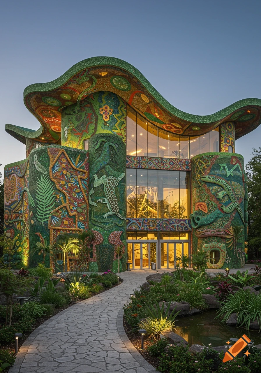 Vibrant, ornate building with mosaic reptile designs and wavy green roof in a lush garden with a stone path at dusk.