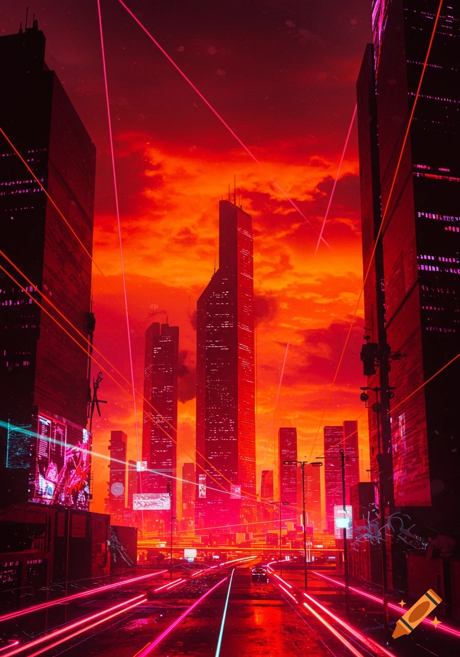 A vibrant cyberpunk cityscape at night with tall buildings, reflective streets, and glowing neon pink and orange light trails under a dramatic red-orange sky.