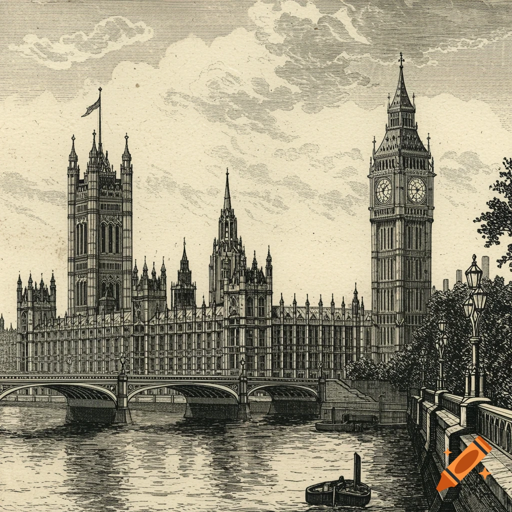 An intricate black and white etching of the Houses of Parliament and Big Ben by the River Thames in London, with a bridge and boats.