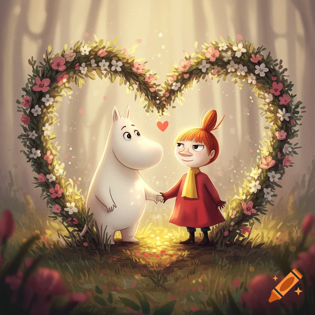 Moomin and Little My holding hands under a heart-shaped flower arch in a whimsical forest clearing.