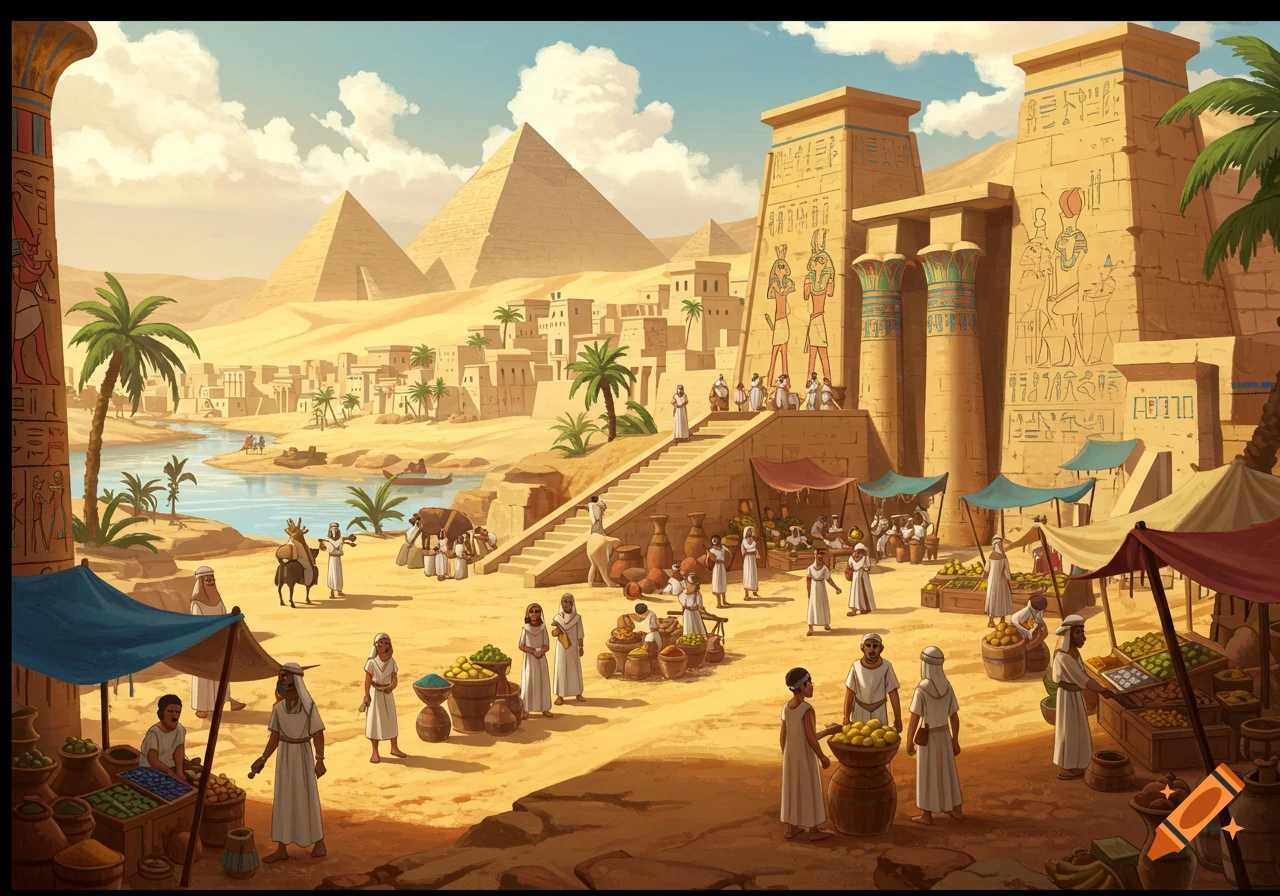 A vibrant, stylized illustration of an ancient Egyptian cityscape with pyramids, temples, a river, and a bustling market scene under a blue sky.
