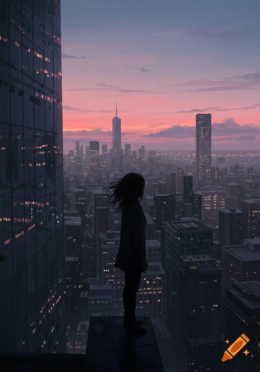 A silhouette of a person standing on the edge of a skyscraper overlooking a vast city at sunset, digital art.