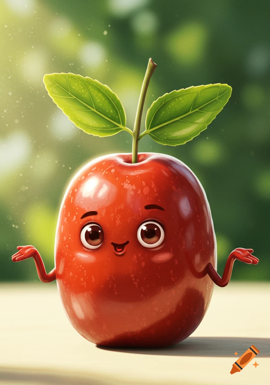 Cartoon red jujube with big eyes and a smile, shrugging with small arms, set against a blurry green background.